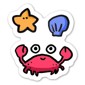 A cute, cartoon crab along with some seashells.