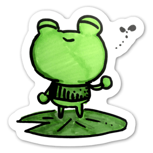 A cute frog sitting on a lily pad.