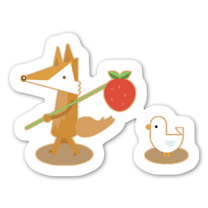A cartoon fox with a strawberry bag, and his duck companion.
