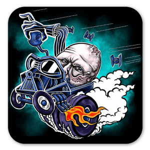 May the force be with you always, but especially in fifth gear. Mashup of Ed Roth style Gearhead with Vader/Annakin.
