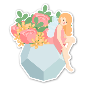 On a hot summer day, there's a beautiful bouquet of flowers standing by the window sill and a flower fairy decides to sneak in by the open window. Suddenly, the flowers seem to get extra vibrant and their fragrance even more wonderful. What a lovely surprise! Get this sticker as a nice gift for someone else or for yourself (or why not both!)