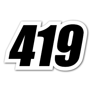 A sticker with the number 419 for racing