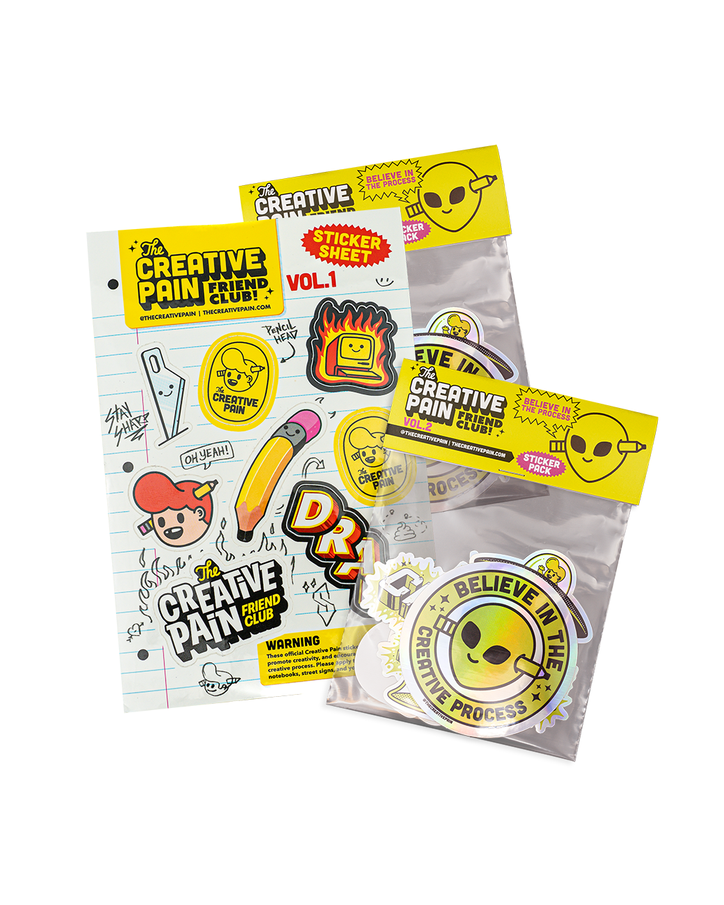 Creative Pain Friend Club sticker sheet next to two sticker packs with yellow header cards