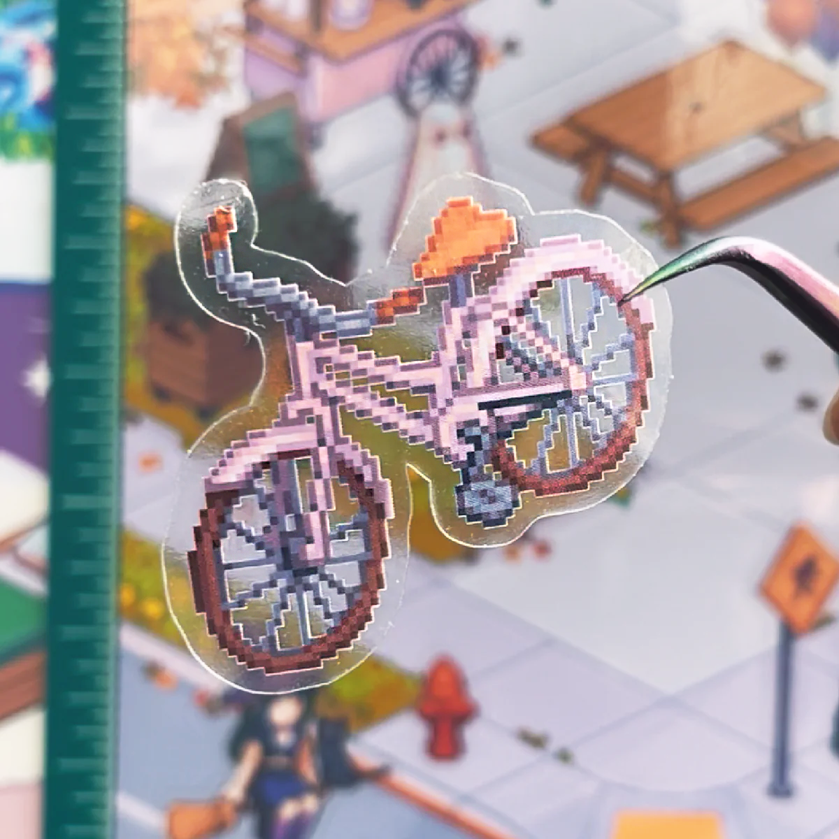 Transparent pixel art bicycle sticker held with tweezers