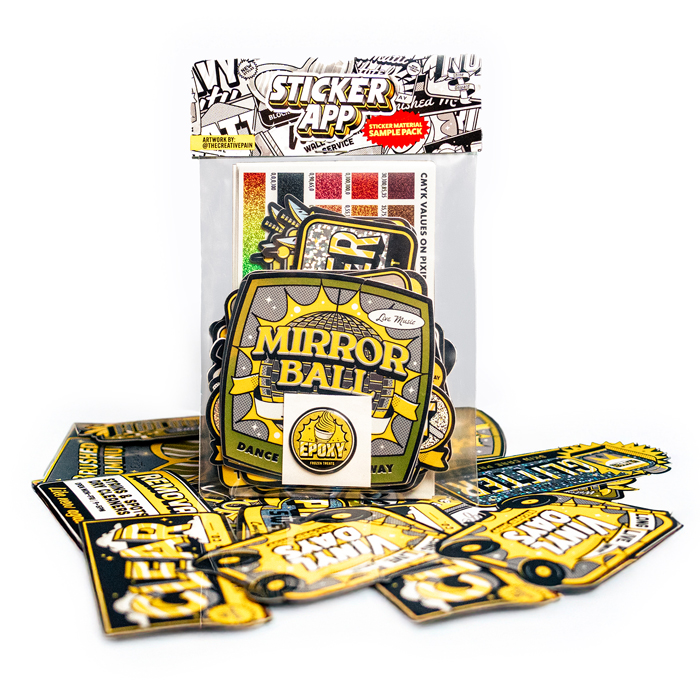 StickerApp Sticker Material Sample Pack standing upright with sample stickers spread in front