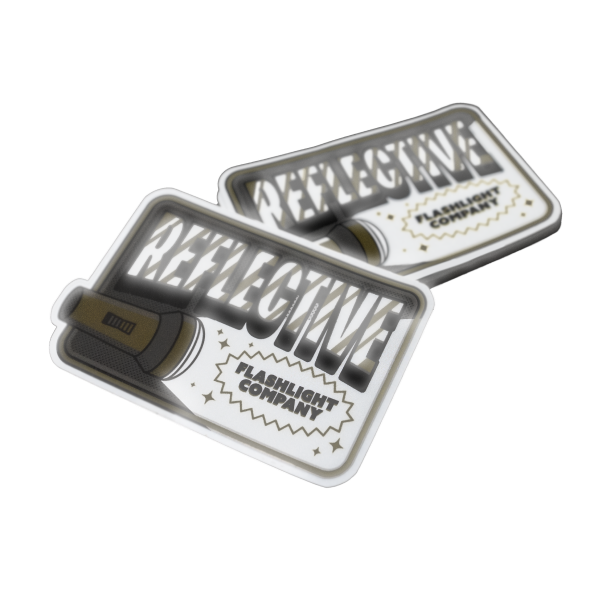 Reflective stickers featuring a flashlight design with bold text and a 'Flashlight Company' label.